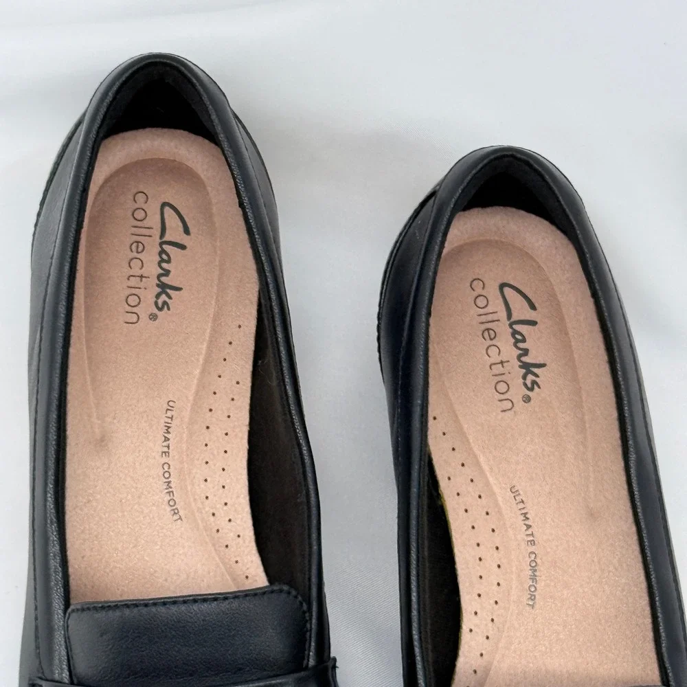 Clarks Collection Loafers Womens 8.5 Black Leather Square Toe Block Heel Classic